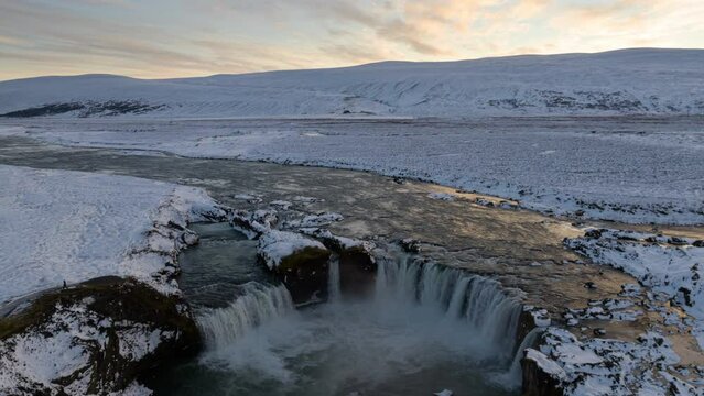 Godafoss Waterfall Aerial Sunset Timelapse Iceland