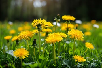 Yellow flowers bloom in green field under sun