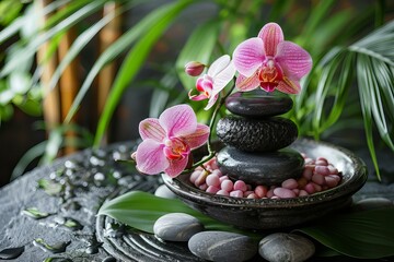 Rocks and flowers in a bowl on a table