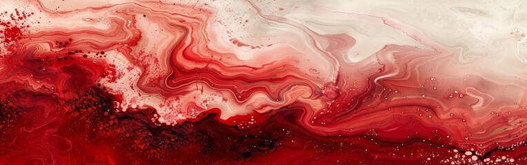 An abstract painting showcasing vibrant red and white colors in fluid motions, creating a dynamic visual impact