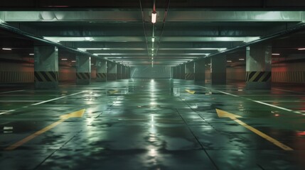A vast, empty underground parking garage with marked spaces and subdued lighting, conveying a sense of urban solitude