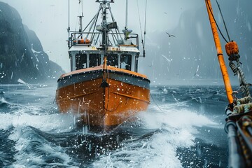 Obraz premium Boat floating in water with excess water