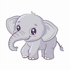 Fototapeta premium Cute cartoon baby elephant with big ears and a happy expression, isolated on a white background, perfect for children's illustrations.