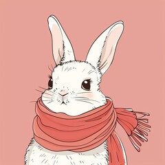 Adorable white rabbit with a red scarf on a pink background, perfect for winter-themed designs and holiday cards.