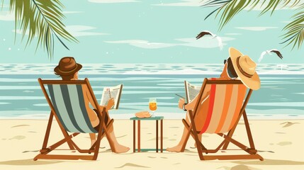 A Couple Relaxing In Beach Chairs, Reading Books And Sipping Cold Drinks, Cartoon ,Flat color