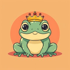 Fototapeta premium Adorable cartoon frog wearing a crown, illustration on orange background. Perfect for children's stories and whimsical designs.