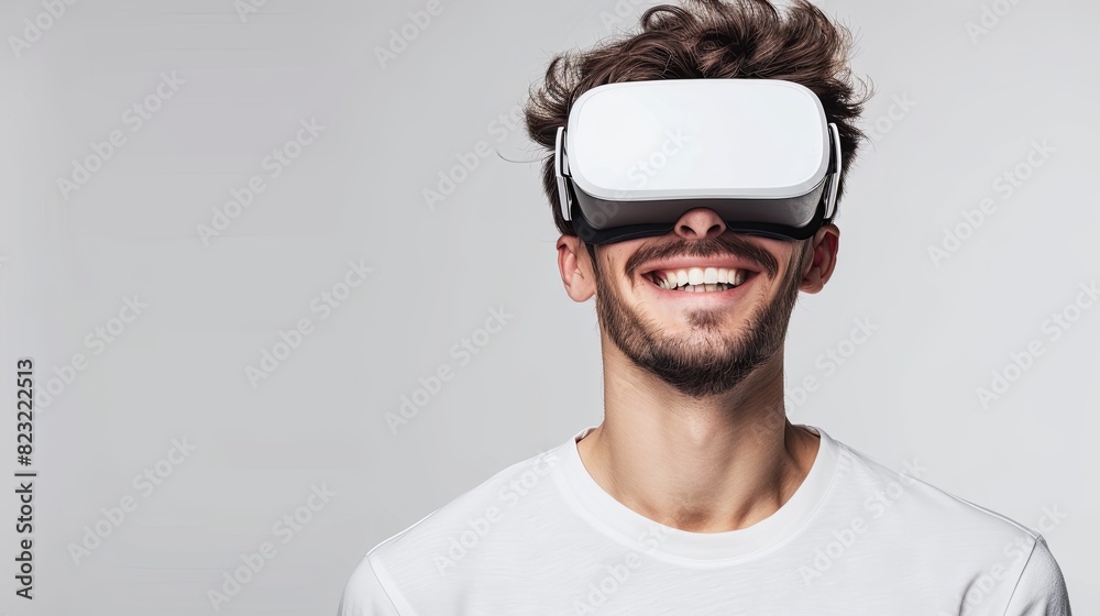 Poster a man immerses himself in virtual reality, exploring unseen worlds through his vr glasses. generativ