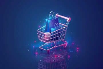 Digital Shopping Cart with Neon Pink Lock and Glowing Lights on Blue Background