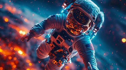 Heroic cosmonaut in a glowing space suit, exploring the vast universe