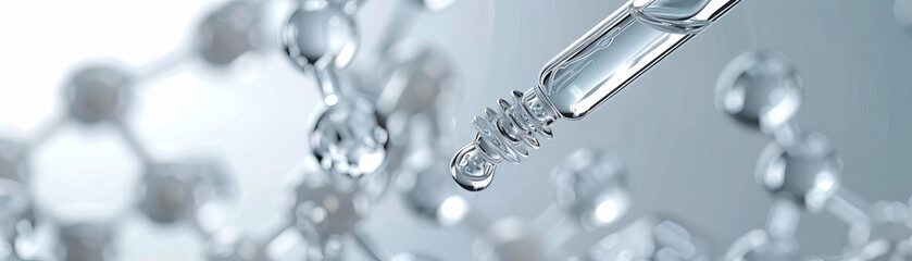 Close-up of dropper with falling hyaluronic acid drops.