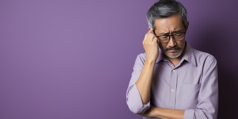 Lavender background sad Asian man. Portrait of older mid-aged person beautiful bad mood expression boy Isolated on Background depression anxiety fear burn out