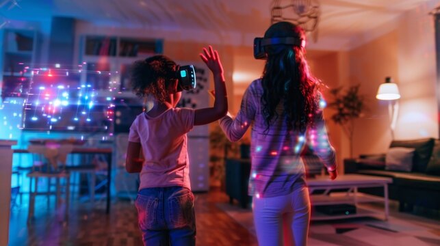 A mother and daughter participate in a virtual reality dance party following along with a holographic instructor in their living room. - Powered by Adobe