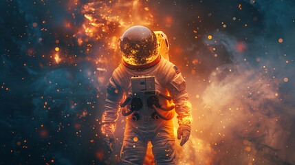 Heroic cosmonaut in a glowing space suit, exploring the vast universe