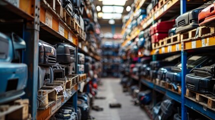 Fototapeta premium A warehouse with many shelves of car parts