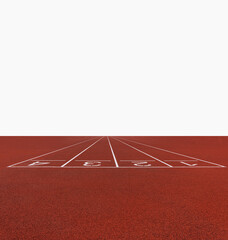  Athlete running track with number on the start in big stadium with copy space . Perspective wide...