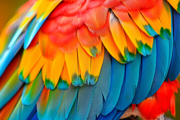 Obraz premium Vibrant Macaw Feather Detail - A Symphony of Colors in Nature 