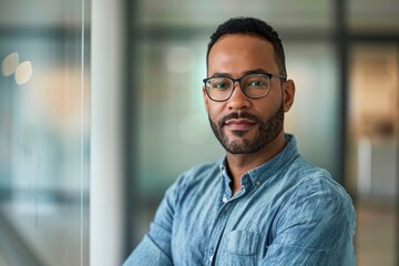 Obraz premium Confident young man with glasses posing indoors in casual attire