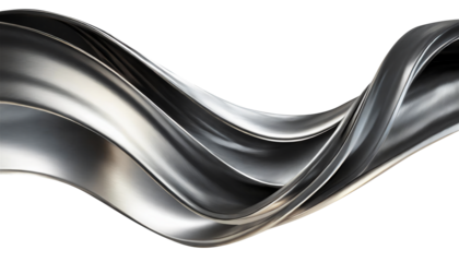 Abstract fluid metal bent form. Metallic shiny curved wave in motion. Cut out design element steel texture effect.