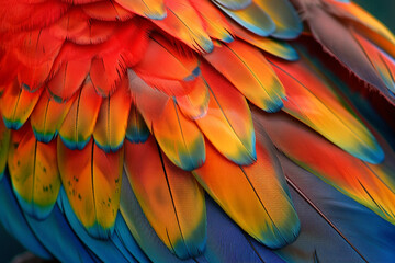 Obraz premium Vibrant Macaw Feather Detail - A Symphony of Colors in Nature 