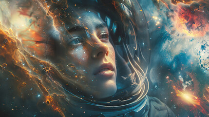 Heroic cosmonaut in a glowing space suit, exploring the vast universe