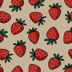 Hand drawn doodle linear colorful vector messy strawberry fruits spring summer seasonal seamless repeat pattern isolated on beige background 
