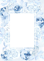 Watercolor wedding card with tender blue roses flower and leaves.