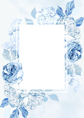 Watercolor wedding card with tender blue roses flower and leaves.