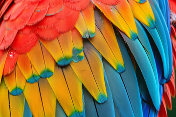 Obraz premium Vibrant Macaw Feather Detail - A Symphony of Colors in Nature 