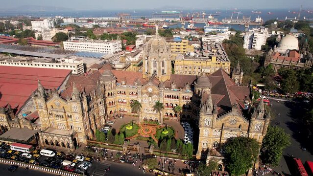 Victoria terminus train station in Mumbai, India, Aerial View. Chhatrapati Shivaji Maharaj Terminus railway station, UNESCO World Heritage Site