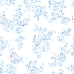 Watercolor wedding seamless pattern  with tender blue roses flower and leaves.
