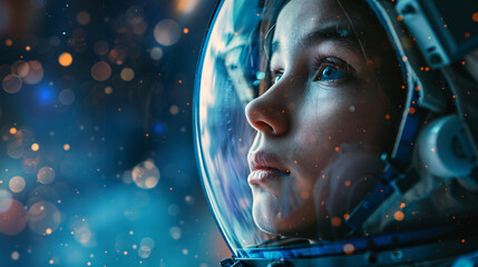 Heroic cosmonaut in a glowing space suit, exploring the vast universe