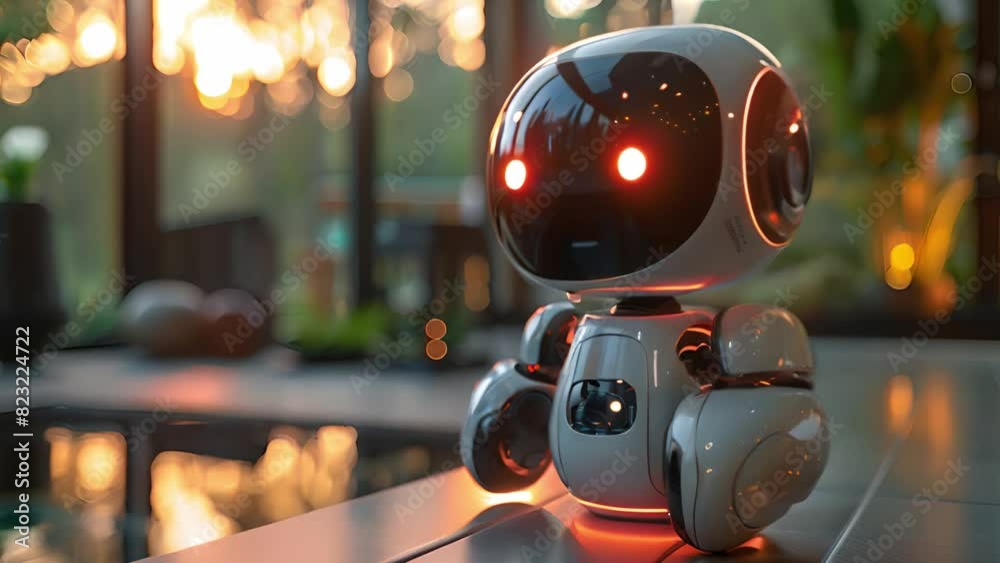 Poster a robot is sitting on a table in front of a window, quietly observing the view outside.