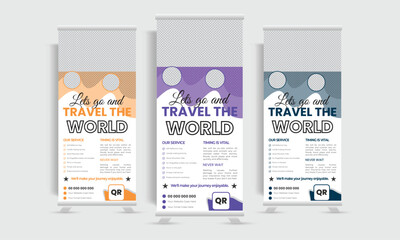 Traveling roll up banner design. Unique and futuristic formal traveling dl flyer vector design template. 
