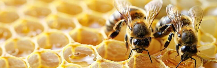 Naklejka premium Close-up of two bees collecting nectar from a honeycomb on a white background