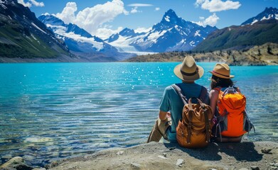 A couple sitting on the edge of an alpine lake, overlooking stunning mountains and crystalclear waters - Powered by Adobe