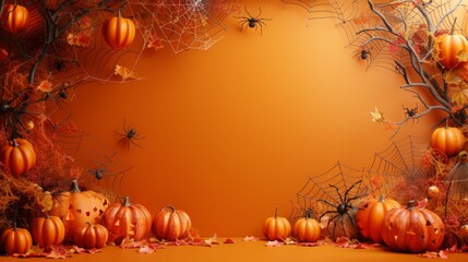 Spooky Halloween background with orange pumpkin frame, black spiders and web decorations on orange surface. Perfect for holiday and festive themes. Copy space.