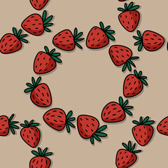 Hand drawn doodle linear colorful vector strawberry fruits circles spring summer seasonal seamless repeat pattern isolated on beige background 