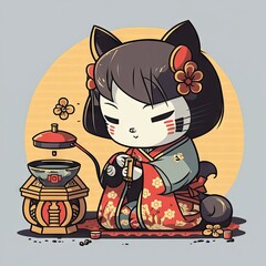 Japanese tea ceremony chibi cat geisha ai generate