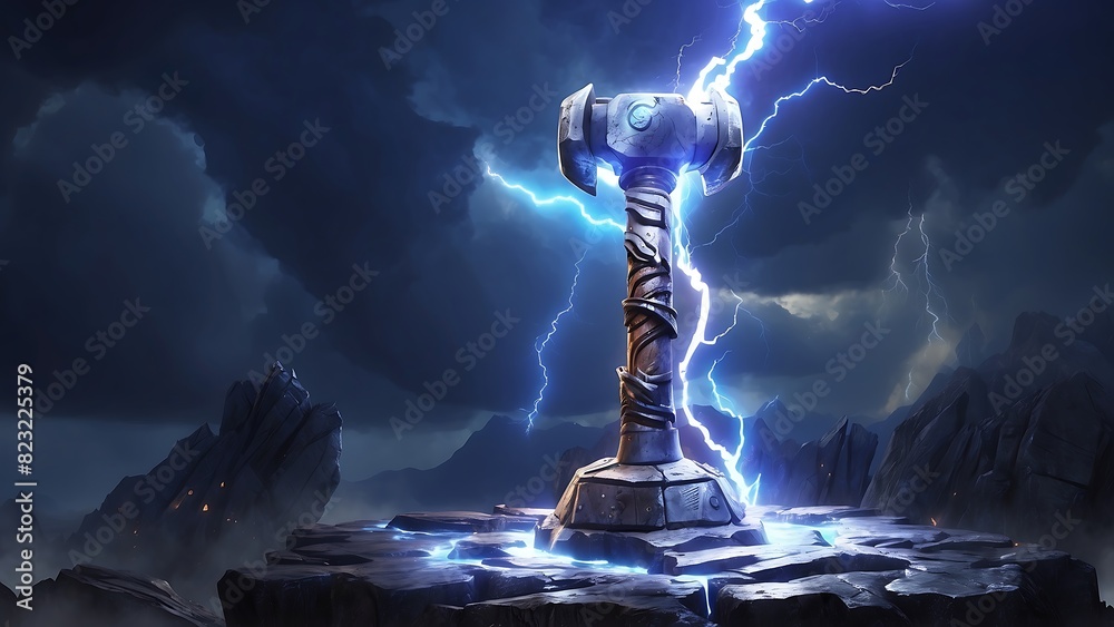Wall mural Lightning Hammer, gloomy background covered with clouds - Wall murals