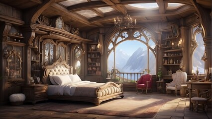 Hotel in the fantasy game INN, ancient architecture in a white room