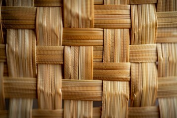 A closeup shot of the woven pattern on bamboo weaving, showcasing its intricate details and natural texture.