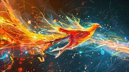 Fiery Phoenix Sprints with Futuristic Relay Baton in Dynamic Digital Artwork