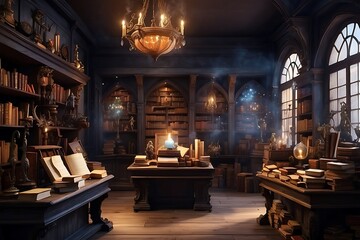 Obraz premium Inside the room of the sorcerers A user of magical magic who stores spells and wands in a fantasy world.