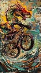 Mythical Basilisk Cycling in Vibrant Abstract Expressionist Race