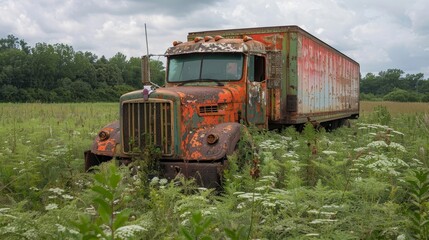An old red truck is parked in a field of flowers