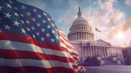 USA flag with government building background