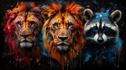 Three panels of wall art depicting a lion, a monkey, a raccoon and a badger in bright colors on a black background, in the style of a white brick studio background.