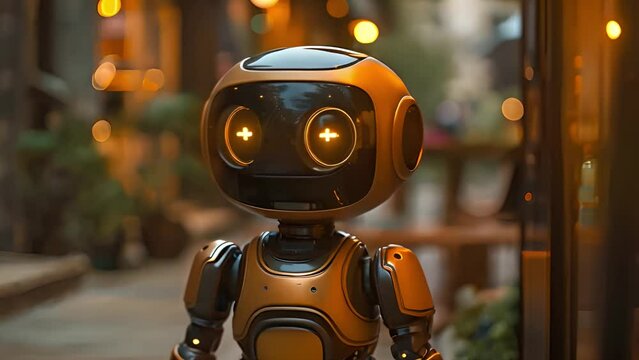 A robot standing alone in a city street at night, with buildings and streetlights in the background.