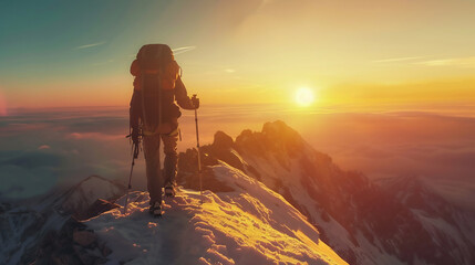 Obraz premium Spectacular layered mountain ranges with valley fog. Man Silhouette reaching summit enjoying freedom.