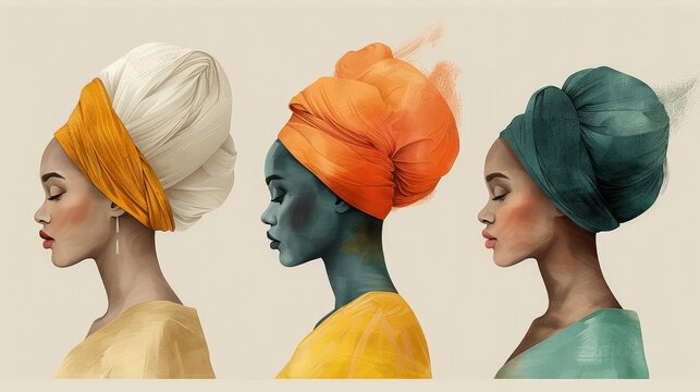 Three paintings depicting an African woman in traditional attire, emphasizing her cultural identity and beauty, are ideal for interior decoration.